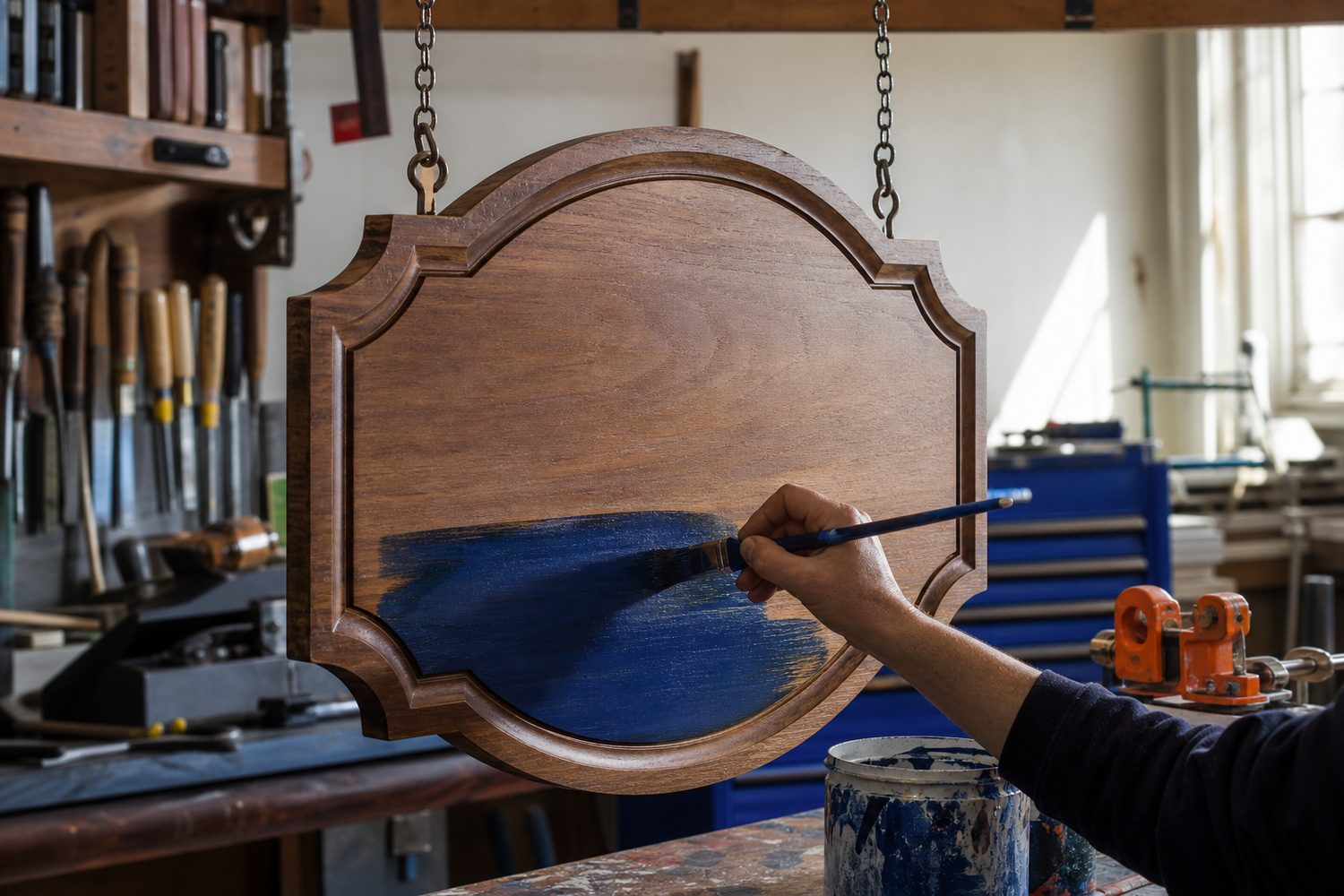 Painting an unlettered carved sign blank in a workshop