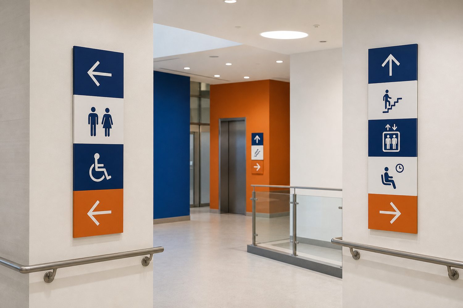 Coordinated abstract wayfinding panels at an interior junction
