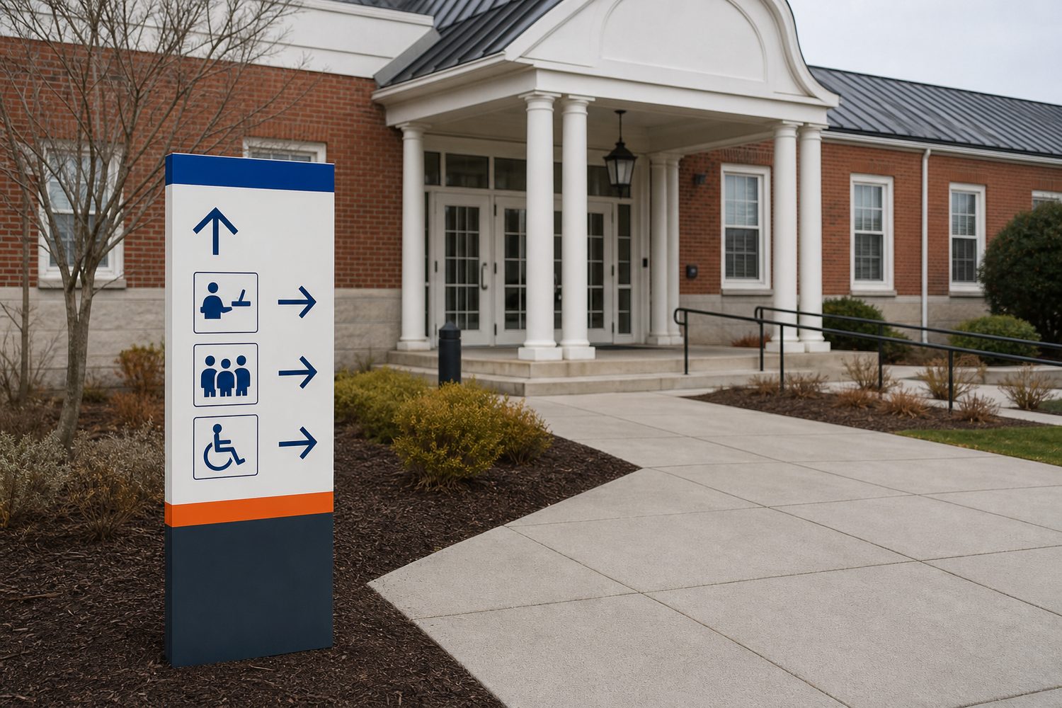 Generic exterior wayfinding sign viewed from a pedestrian approach