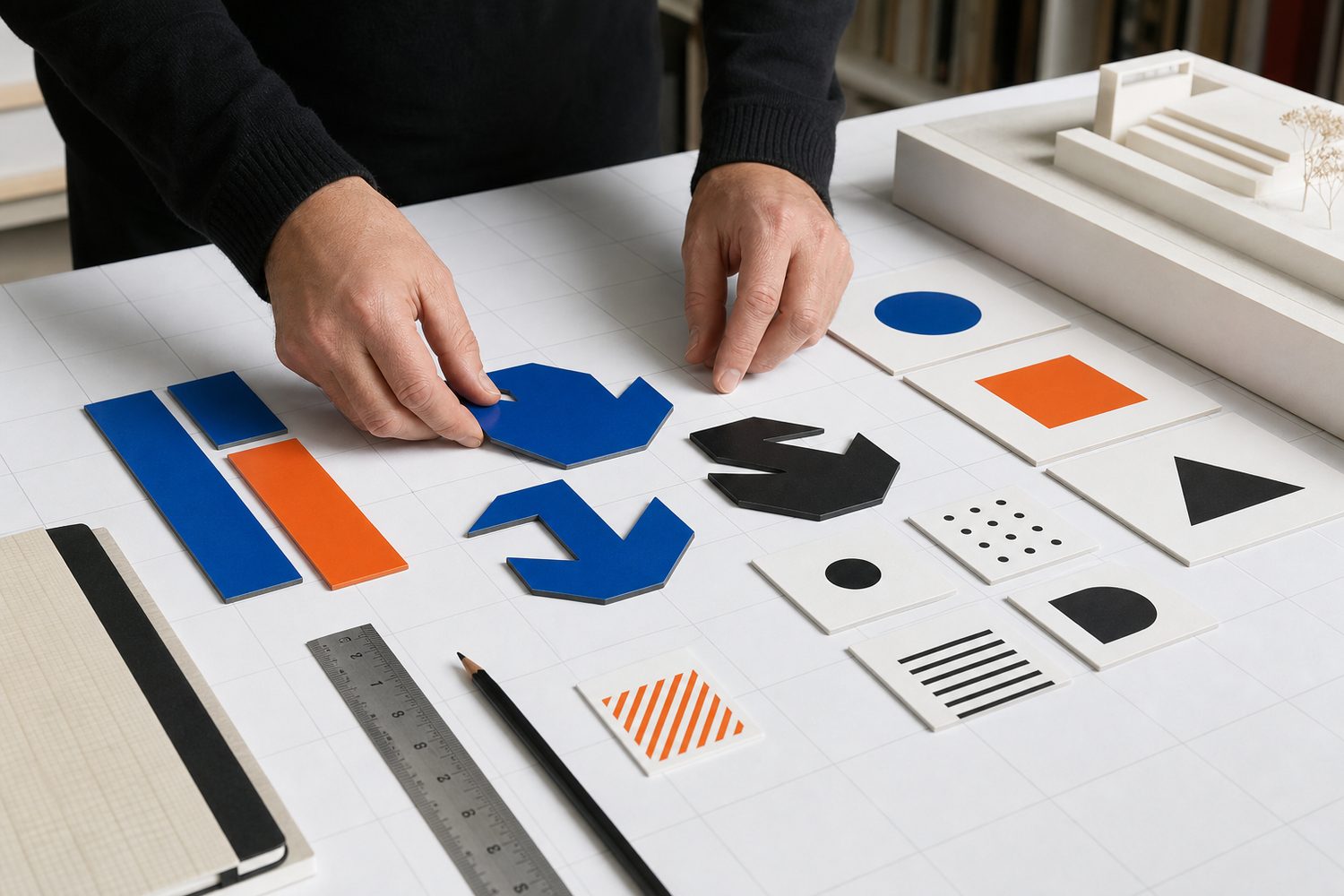 Hands arranging abstract wayfinding symbols on a planning table