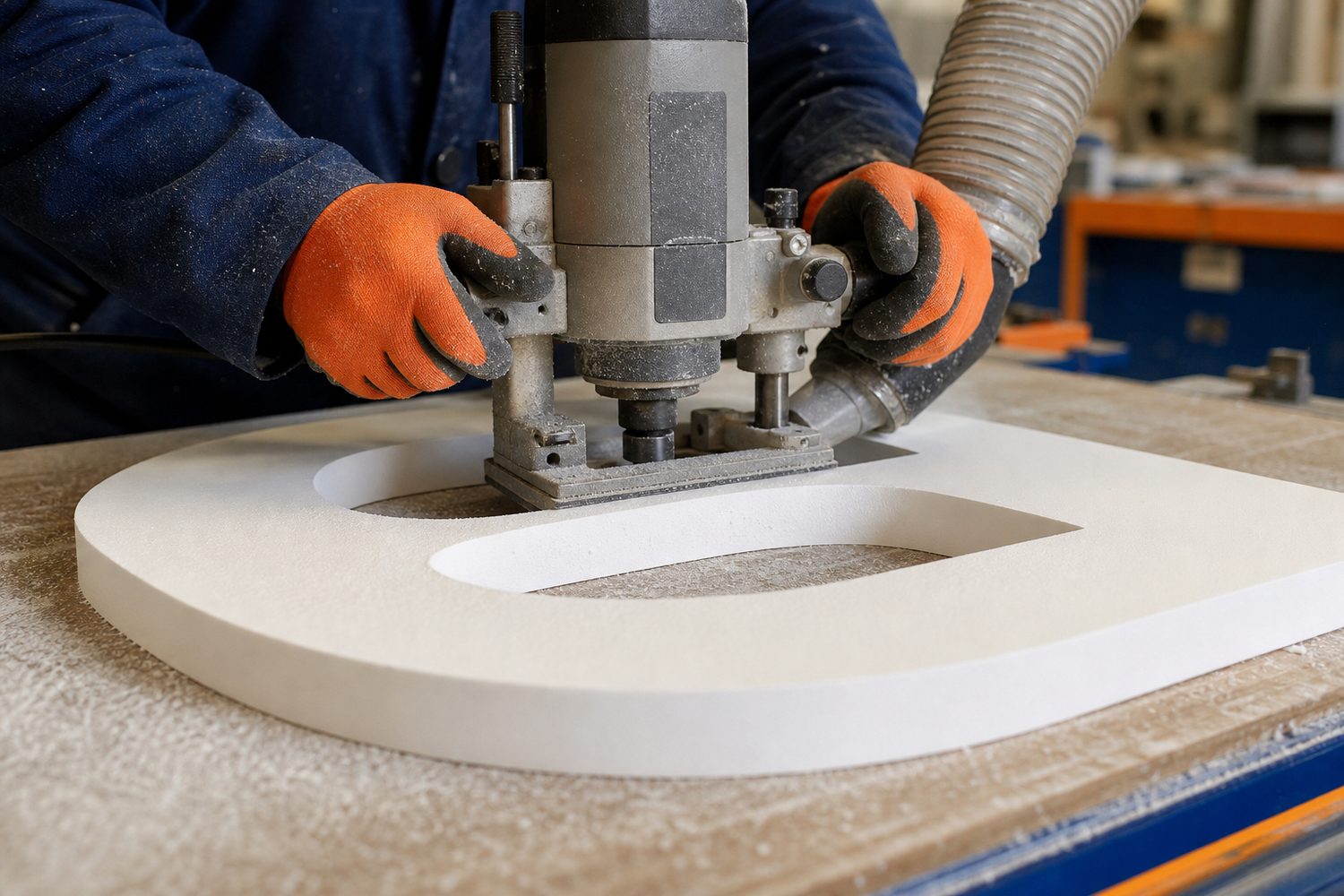 Craftsperson routing a dimensional sign material