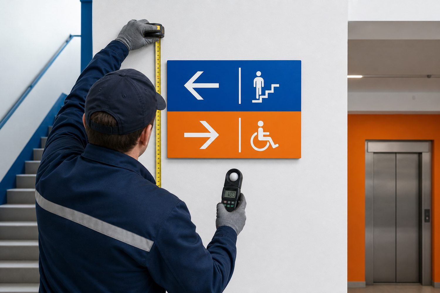 Technician verifying a generic directional sign