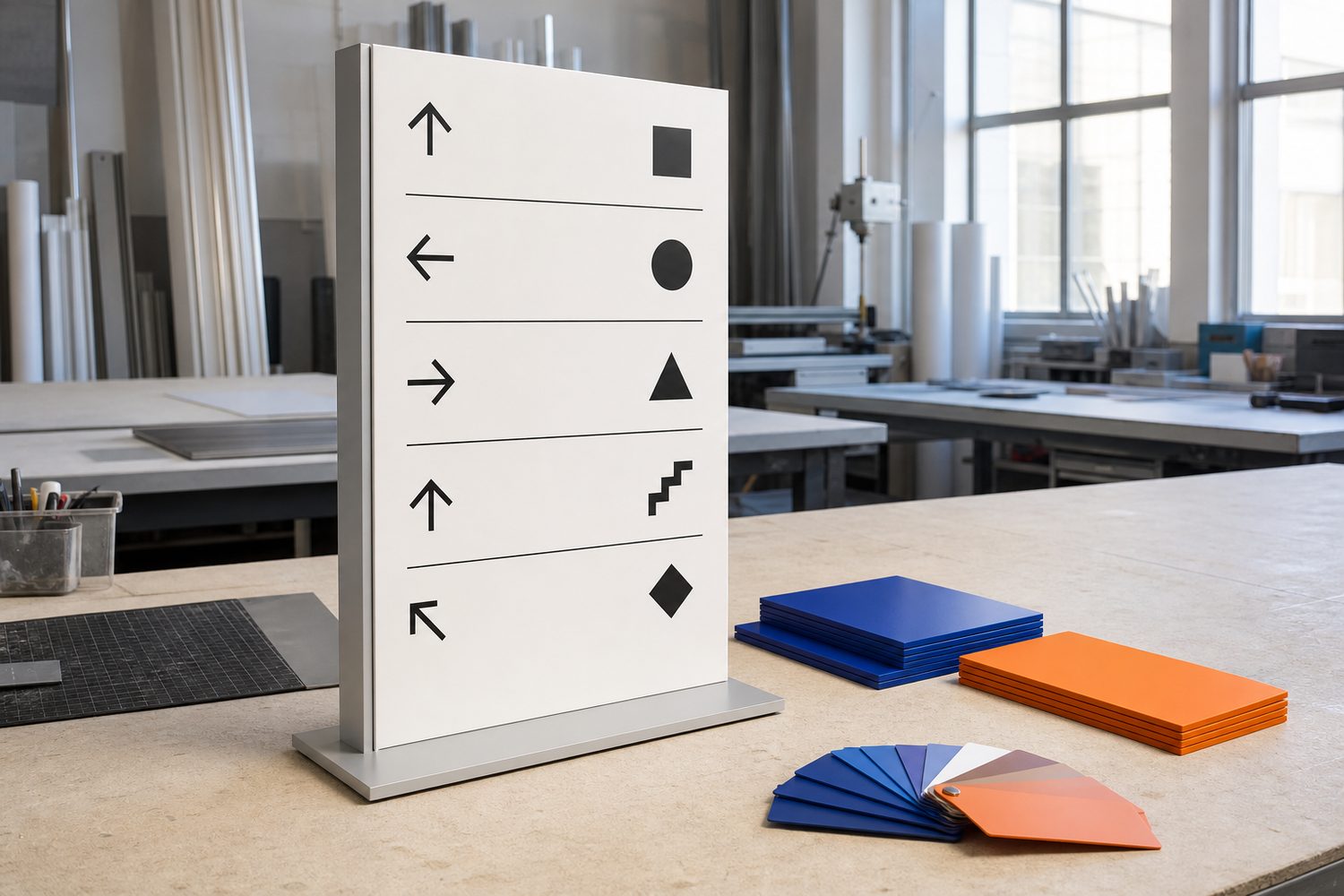 Abstract wayfinding sign prototype on a workshop bench